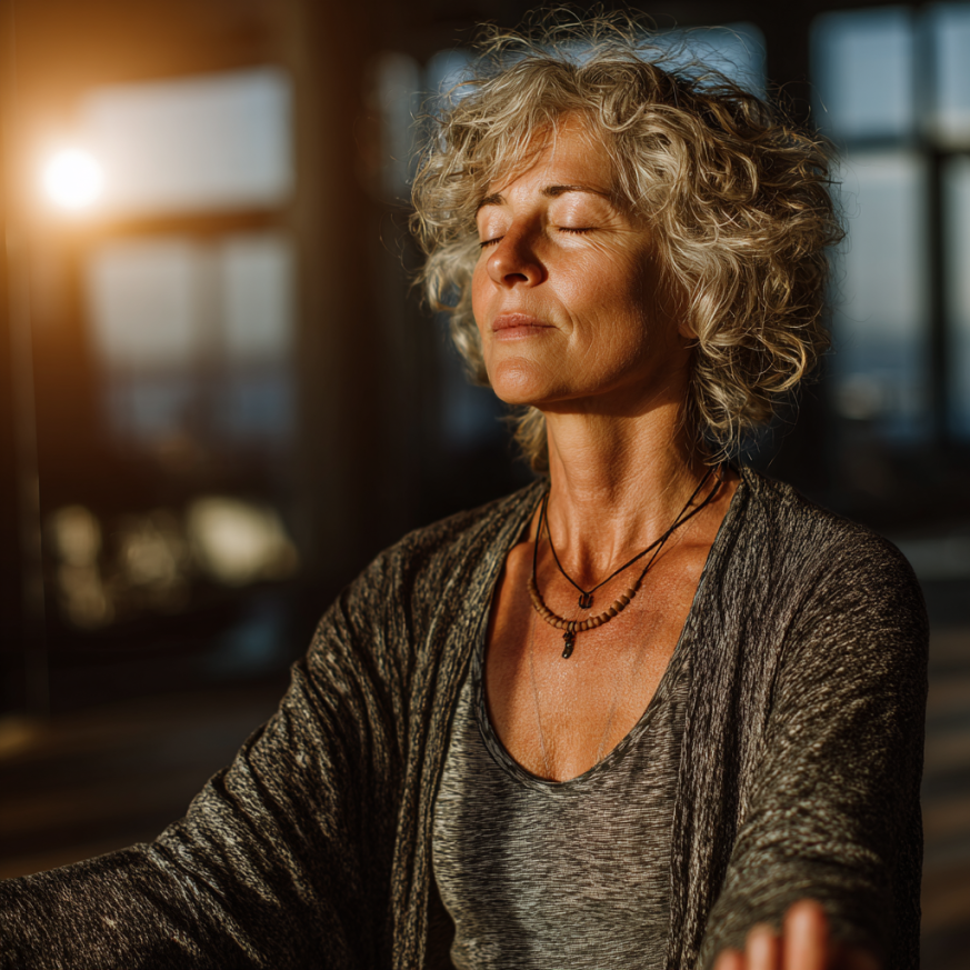 Persoană matură practicând yoga în natură