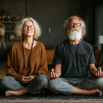 Grup de seniori practicând yoga împreună